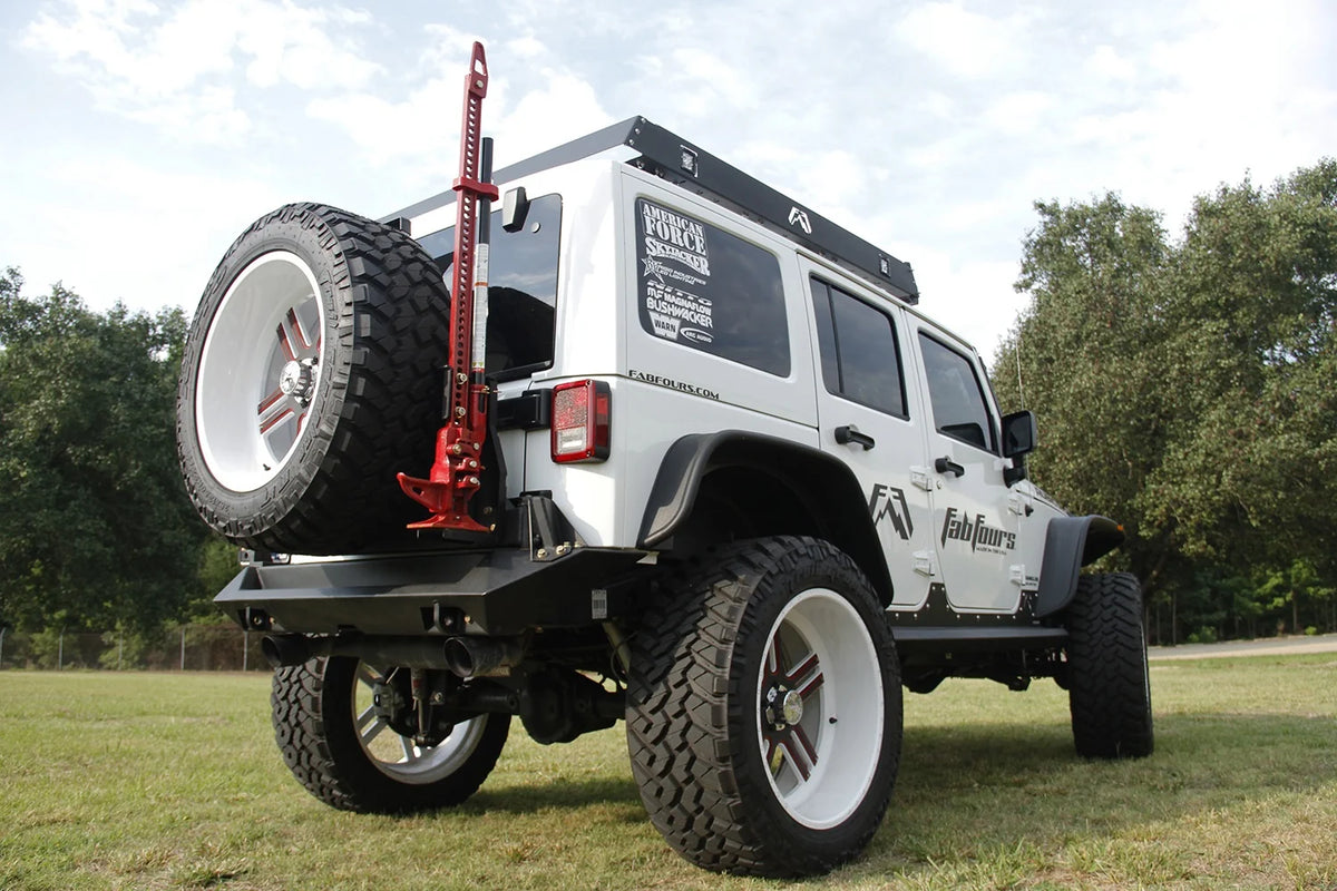 Fab Fours Hi-Lift Jack Mount on a Jeep Wrangler JK, outdoor view