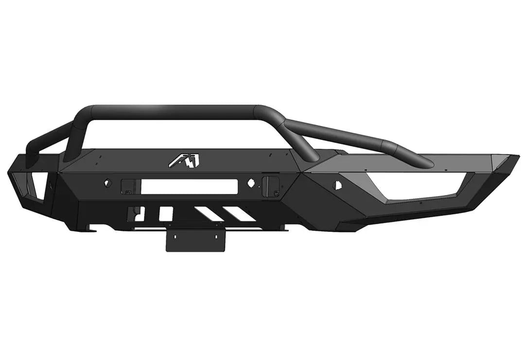 Render of the Fab Fours license plate bracket installed below the skid plate of a Ford F-150 Vengeance front bumper with pre-runner guard, angled view