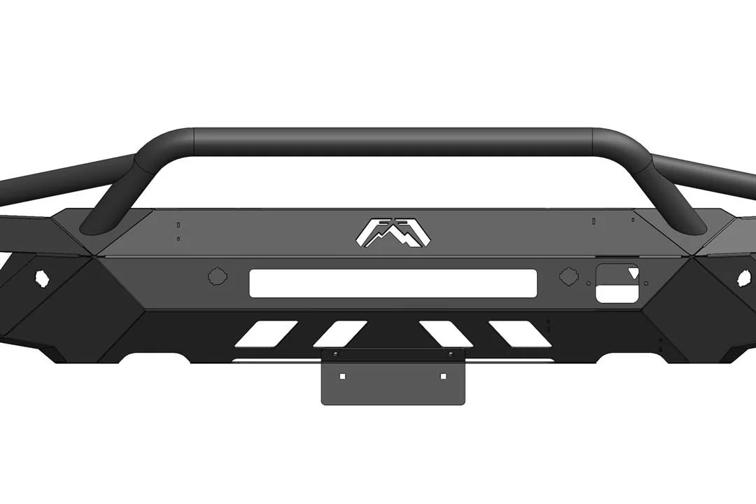 Render of the Fab Fours license plate bracket mounted to the bottom center of a Ford F-150 Vengeance front bumper, front view