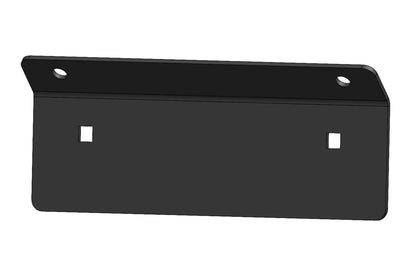 Render of the Fab Fours front license plate bracket for the Ford F-150 Vengeance bumper, an angled black steel plate with two mounting holes and two square plate slots
