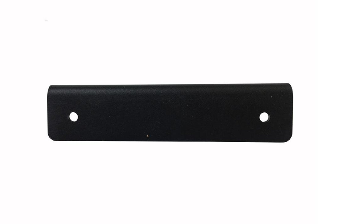 Fab Fours sensor relocation bracket backing plate in black powder coat, flat view, showing two mounting holes