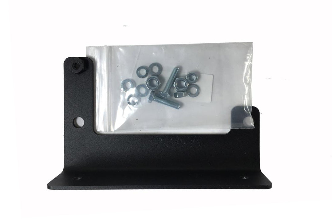 Fab Fours sensor relocation bracket for the Ford F-150, shown with its included bag of zinc-plated bolts, nuts, flat washers and lock washers