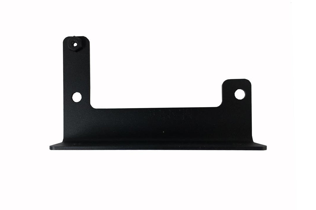 Fab Fours sensor relocation bracket for the Ford F-150 in black powder coat, front view, showing the L-shaped upright with mounting holes, a welded nut and the bottom mounting flange