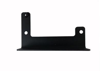 Fab Fours sensor relocation bracket for the Ford F-150 in black powder coat, front view, showing the L-shaped upright with mounting holes, a welded nut and the bottom mounting flange