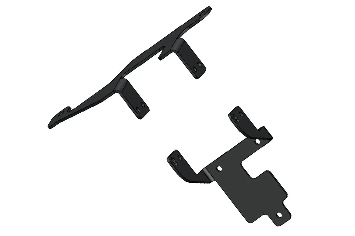 Fab Fours adaptive cruise control relocation bracket in black powder coat, angled view, showing the two-piece bracket, mounting tabs and bolt holes
