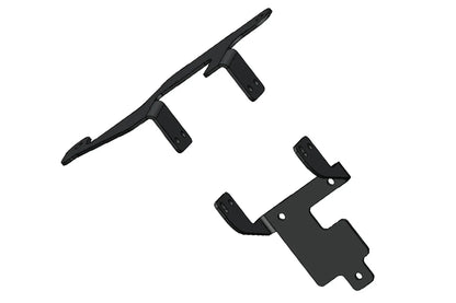 Fab Fours adaptive cruise control relocation bracket in black powder coat, angled view, showing the two-piece bracket, mounting tabs and bolt holes