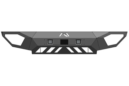 Render of Fab Fours adaptive cruise control relocation bracket mounted in a Fab Fours front bumper, front view, with radar sensor opening between two cube lights