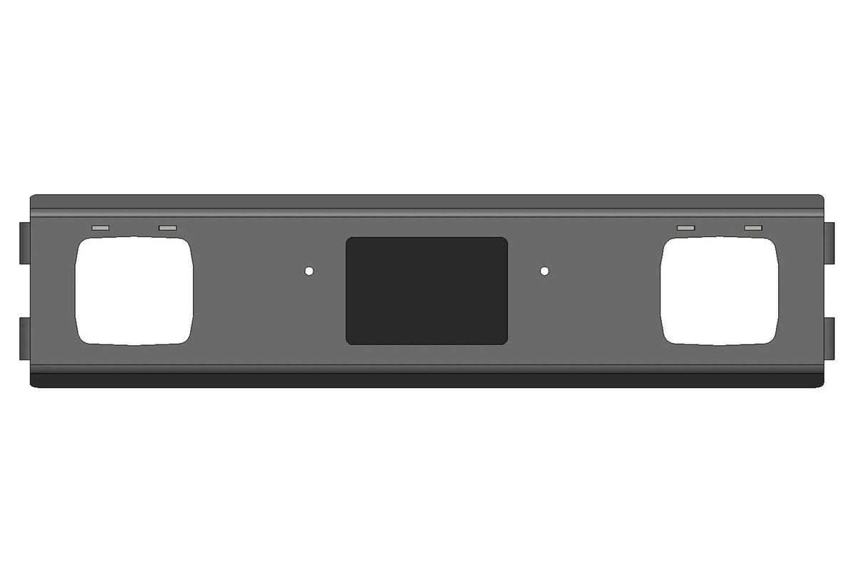 Render of Fab Fours adaptive cruise control relocation bracket for Ford Super Duty, front view, with center sensor opening and two cube light cutouts