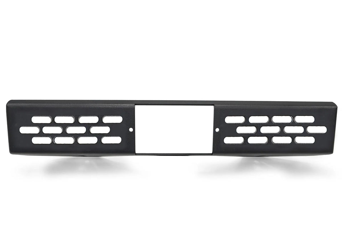 Fab Fours Vengeance adaptive cruise control relocation bracket in black powder coat, front view, showing the slotted panel and centered sensor opening