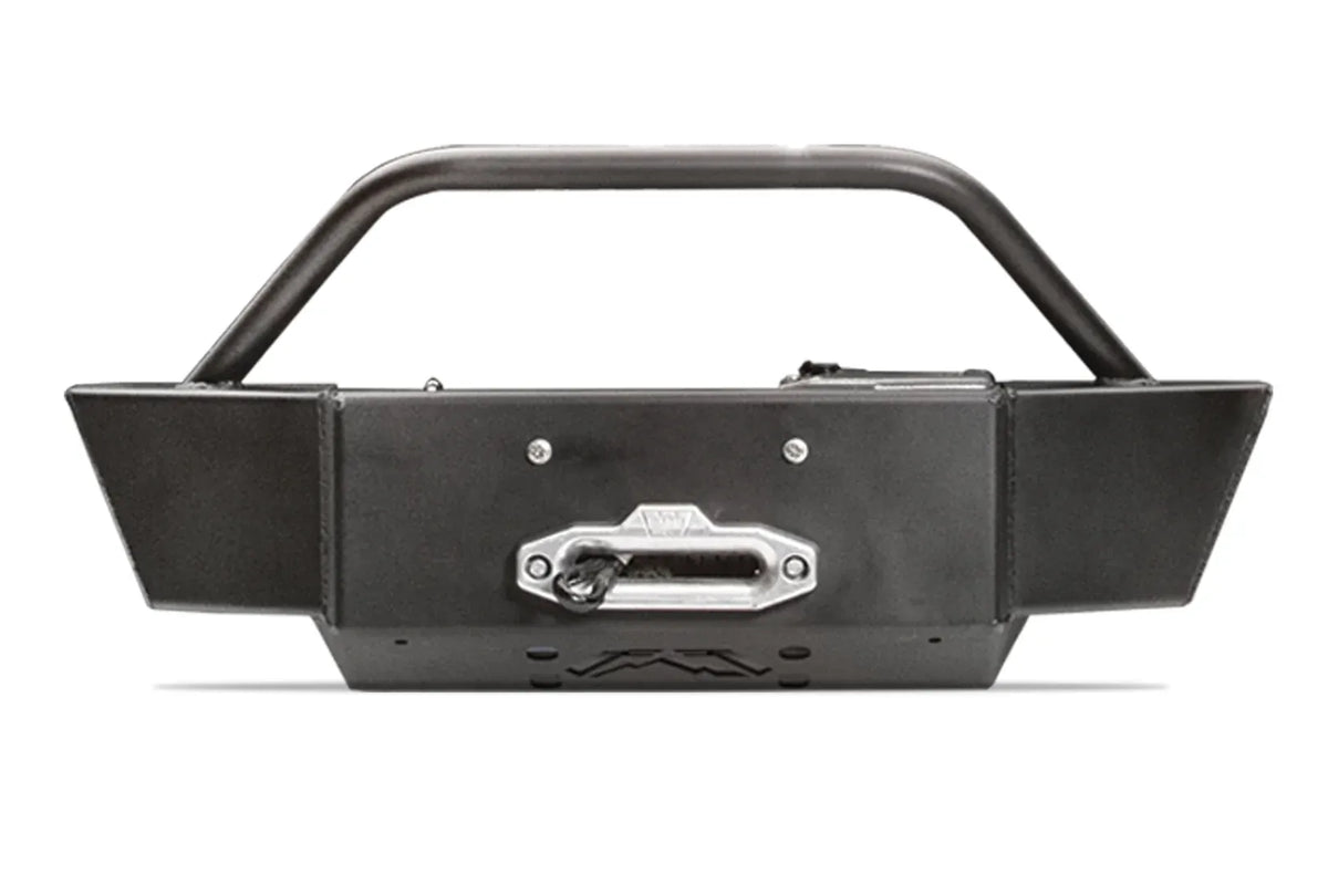 Fab Fours winch mount in black powder coat, front view, showing the tube hoop, winch with fairlead and wing-style end caps