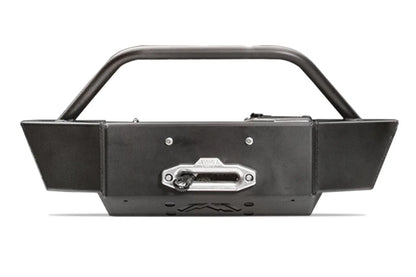 Fab Fours winch mount in black powder coat, front view, showing the tube hoop, winch with fairlead and wing-style end caps
