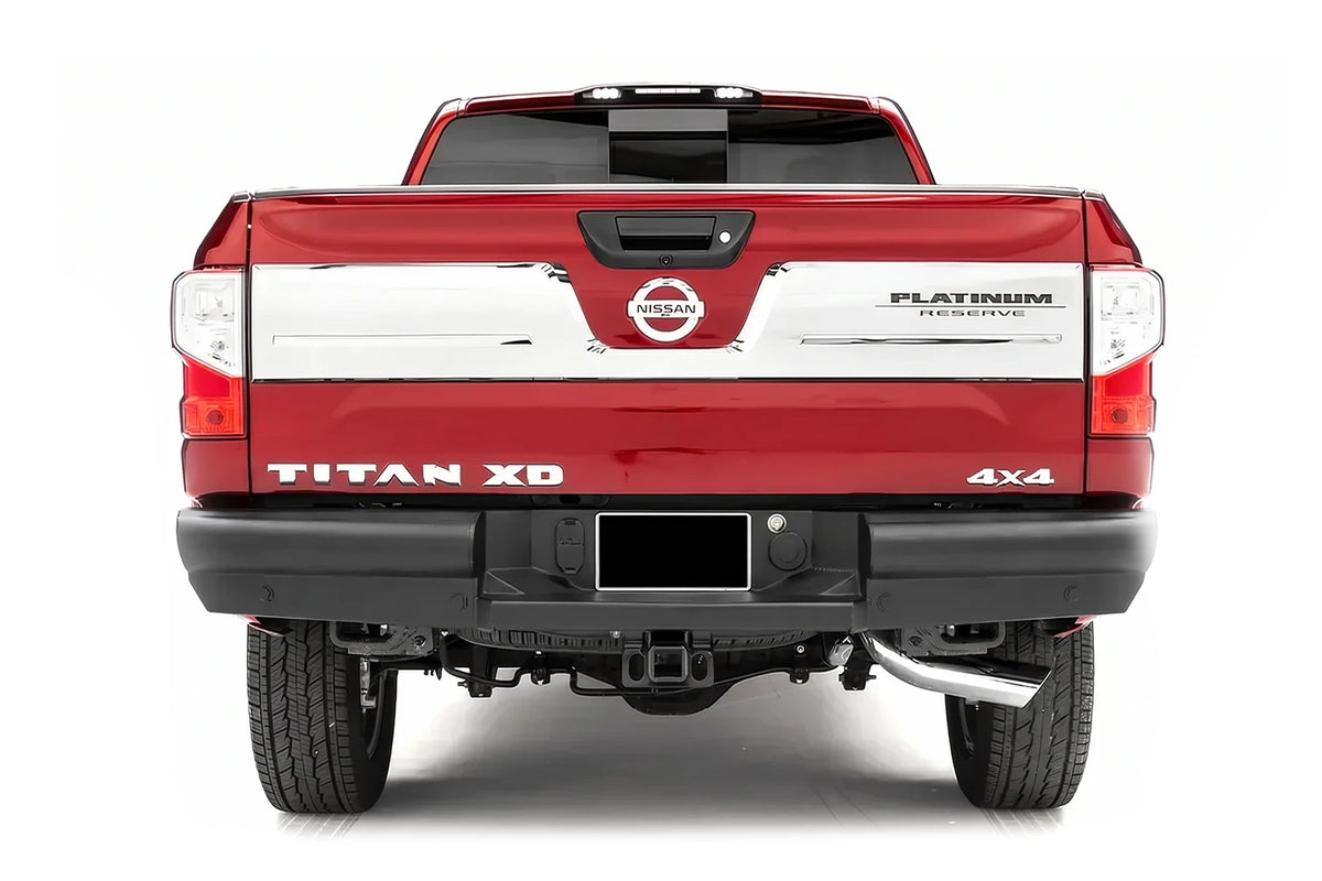 Fab Fours Elite rear bumper on a red Nissan Titan XD