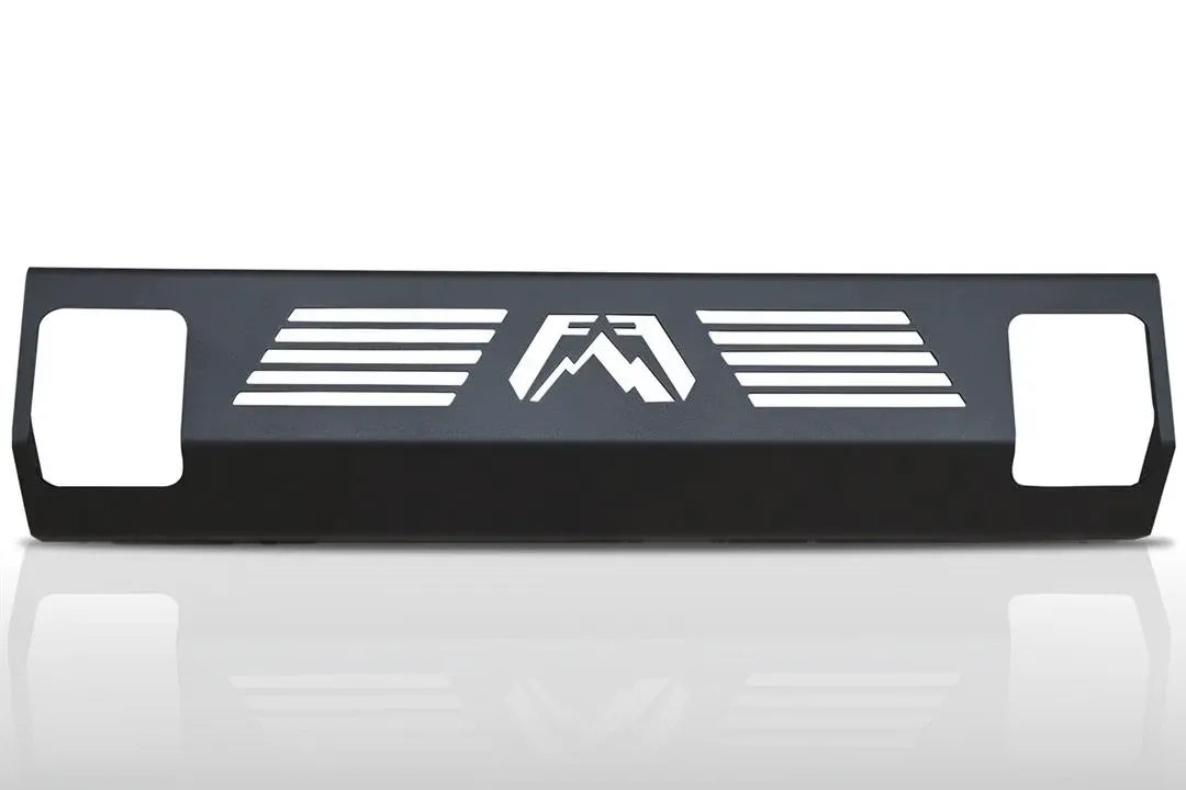 Fab Fours Elite Hi-Flow lower guard in black powder coat, front view, showing the cut-out Fab Fours logo, horizontal airflow slots and square shackle openings at each end