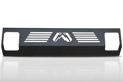 Fab Fours Elite Hi-Flow lower guard in black powder coat, front view, showing the cut-out Fab Fours logo, horizontal airflow slots and square shackle openings at each end
