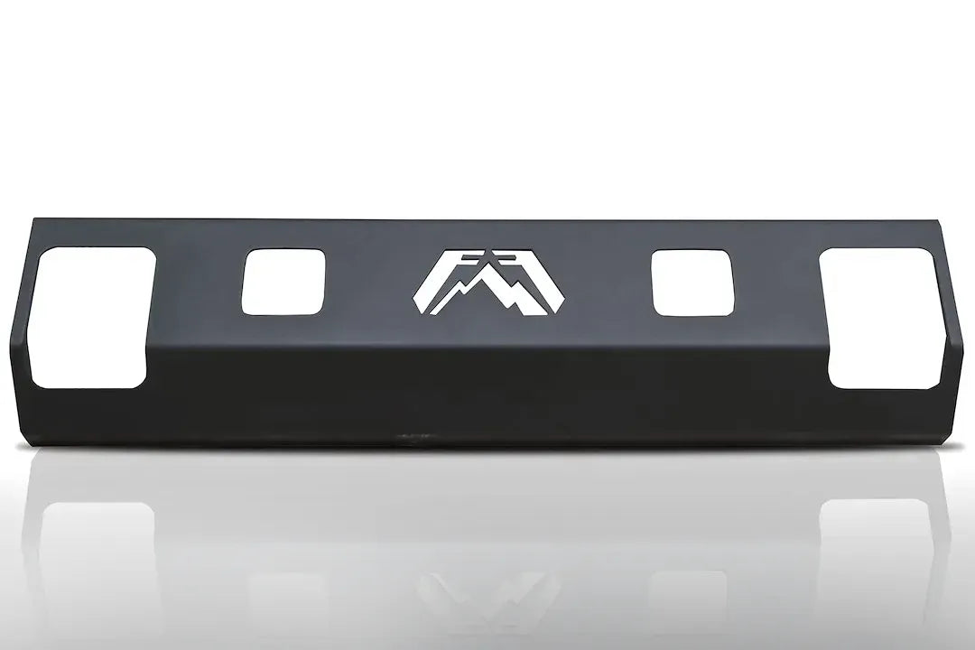 Fab Fours Elite light lower guard in black powder coat, front view, showing the cutout logo, two light openings and end cutouts