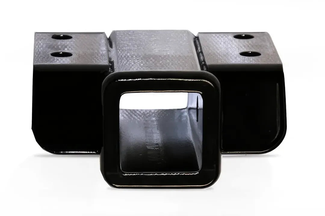 Fab Fours 2-inch receiver hitch for Elite and Black Steel Ranch rear bumpers in gloss black, straight-on front view, showing the square receiver opening and the bolt-on mounting tabs on each side