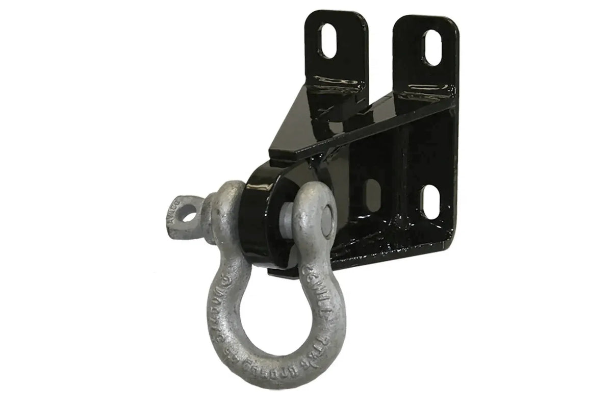Fab Fours D-ring mount for Elite and Black Steel Ranch bumpers in gloss black, angled view, showing the slotted bolt-on mounting plate with a galvanized D-ring shackle pinned through the mount