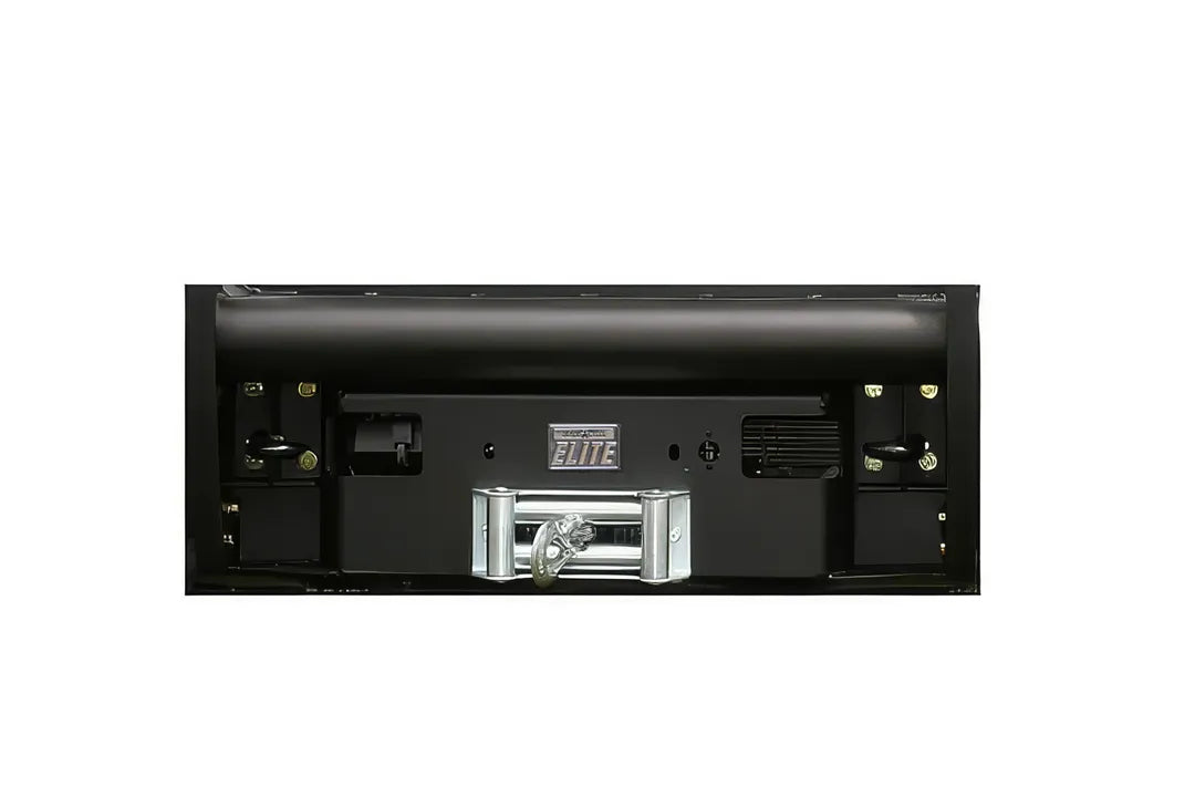 Fab Fours Black Steel Elite winch tray in black powder coat, front view, showing the installed winch, roller fairlead and Elite badge