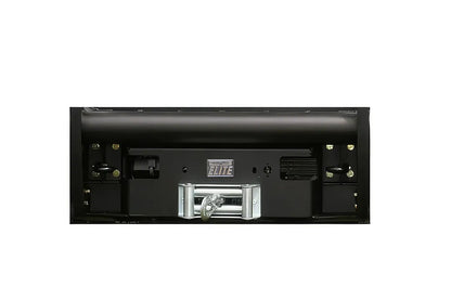 Fab Fours Black Steel Elite winch tray in black powder coat, front view, showing the installed winch, roller fairlead and Elite badge