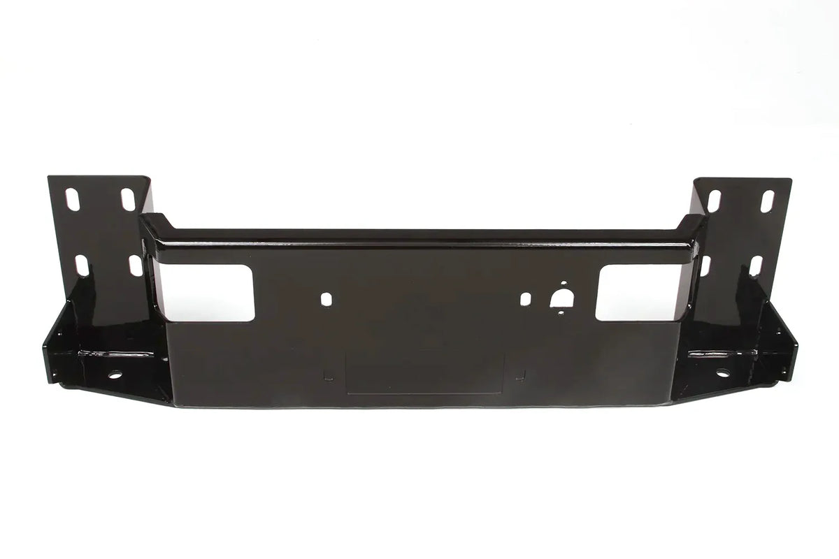 Fab Fours Black Steel Elite winch tray in black powder coat, angled view, showing the frame-mount brackets, winch cradle and fairlead opening