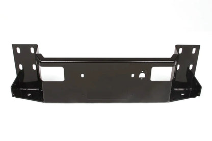 Fab Fours Black Steel Elite winch tray in black powder coat, angled view, showing the frame-mount brackets, winch cradle and fairlead opening
