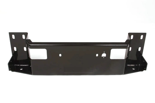Fab Fours Black Steel Elite winch tray in black powder coat, angled view, showing the frame-mount brackets, winch cradle and fairlead opening