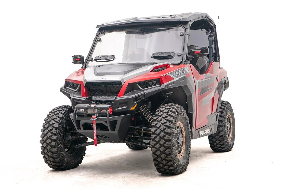 Fab Fours SxS winch bumper on a red Polaris General 1000, driver-side front three-quarter view, with Warn Axon winch and synthetic winch line