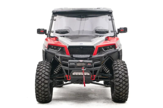 Fab Fours SxS winch bumper on a red Polaris General 1000, front view, with Warn Axon winch, LED light bar, and red D-ring shackles