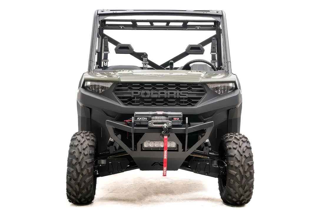 Fab Fours SxS winch bumper on a green Polaris Ranger 1000, front view, with Warn Axon winch, synthetic winch line, and LED light bar