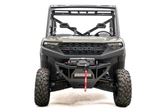 Fab Fours SxS winch bumper on a green Polaris Ranger 1000, front view, with Warn Axon winch, synthetic winch line, and LED light bar