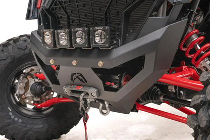 Close-up of Fab Fours SxS winch bumper on a Polaris RZR XP, with four Rigid cube lights, winch fairlead, synthetic winch line, and D-ring shackle