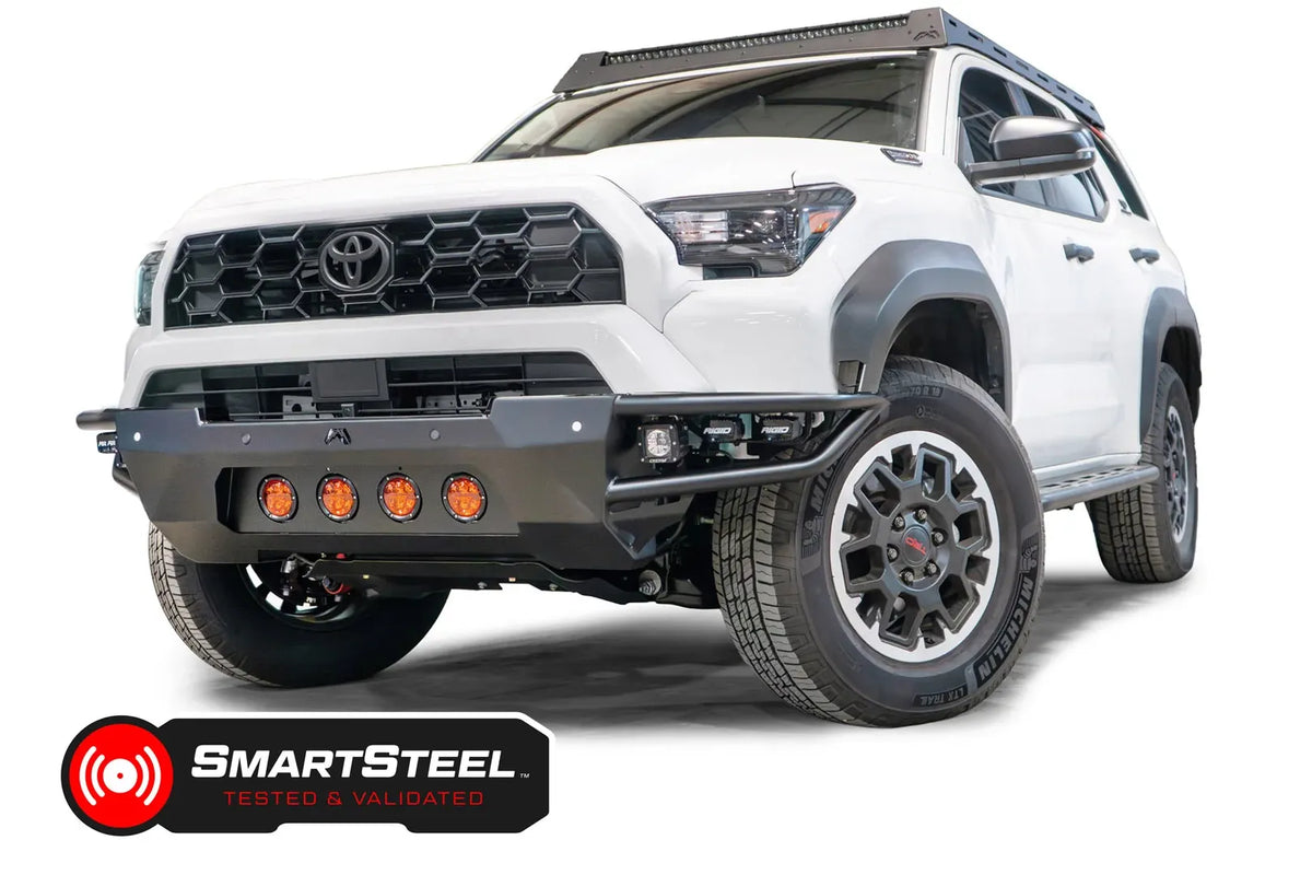 Fab Fours Ultra Light Front Bumper with no guard on a white 2025 Toyota 4Runner, front driver-side view, showing the SmartSteel Tested and Validated badge