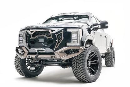 Fab Fours Open Fender System on a silver Ford F-250 Super Duty, front three-quarter view from the driver side, showing the open front fenders, raised wheel openings and fender trim