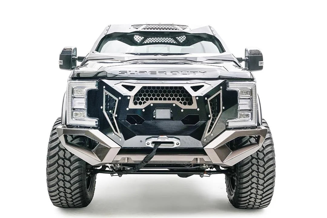 Fab Fours Open Fender System on a silver Ford F-250 Super Duty, front view, showing the open front fenders and raised wheel openings