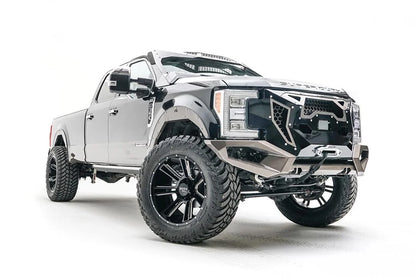 Fab Fours Open Fender System on a silver Ford F-250 Super Duty, front three-quarter view from the passenger side, showing the open front fenders, raised wheel openings and fender trim