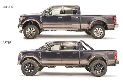 Before and after comparison of a blue two-tone Ford F-250 Super Duty, stock on top and lifted with Fab Fours open fender flares, sport bar, and larger wheels below