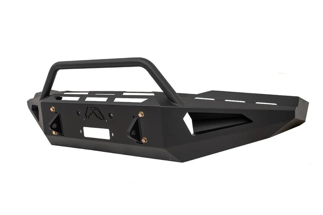 Black Fab Fours Red Steel front bumper with pre-runner guard on a white background, driver-side front three-quarter view, with winch mount, D-ring mounts, and Fab Fours logo