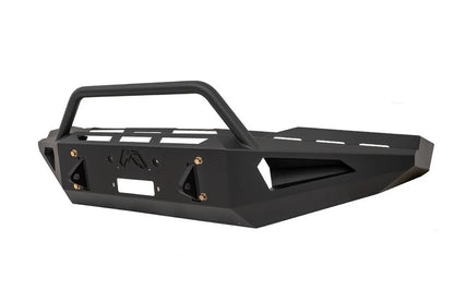 Black Fab Fours Red Steel front bumper with pre-runner guard on a white background, driver-side front three-quarter view, with winch mount, D-ring mounts, and Fab Fours logo