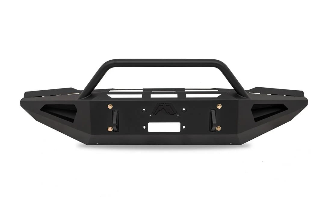 Black Fab Fours Red Steel front bumper with pre-runner guard on a white background, front view, with winch fairlead opening, D-ring mounts, and Fab Fours logo
