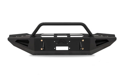 Black Fab Fours Red Steel front bumper with pre-runner guard on a white background, front view, with winch fairlead opening, D-ring mounts, and Fab Fours logo