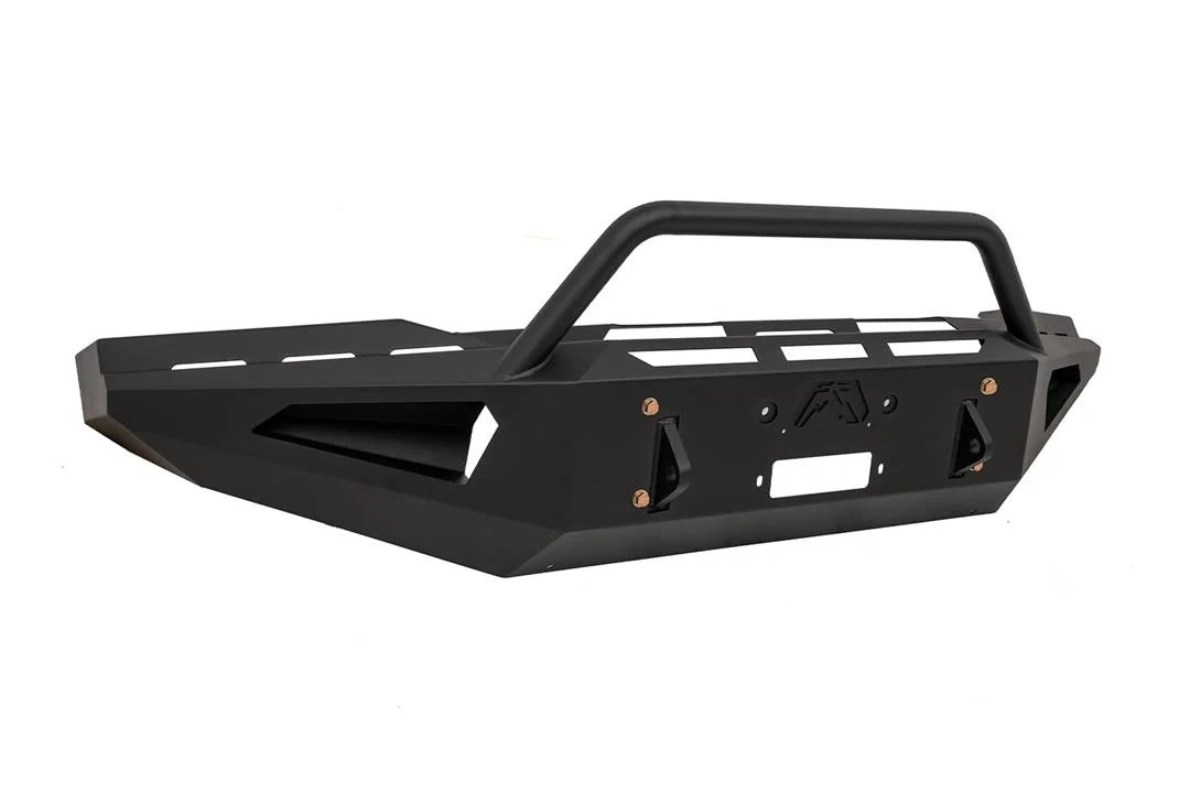 Black Fab Fours Red Steel front bumper with pre-runner guard on a white background, passenger-side front three-quarter view, with winch mount, D-ring mounts, and Fab Fours logo