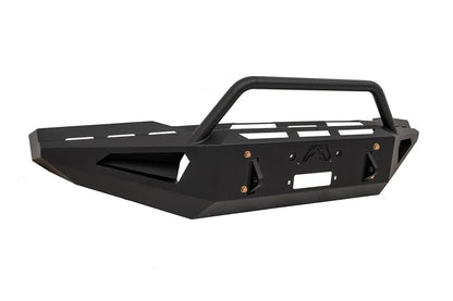 Black Fab Fours Red Steel front bumper with pre-runner guard on a white background, passenger-side front three-quarter view, with winch mount, D-ring mounts, and Fab Fours logo