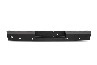 Fab Fours Red Steel rear bumper for the Toyota Tundra in black powder coat, straight-on rear view, showing the recessed center step, the Fab Fours logo cut-outs at each end and the parking sensor openings