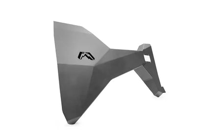 Fab Fours Toyota Tacoma front trail door, angled outer view from the hinge end, showing the wide faceted panel with the Fab Fours logo