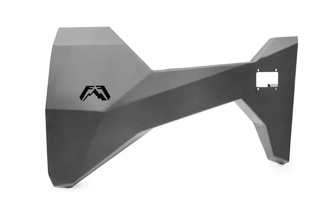 Fab Fours Toyota Tacoma front trail door, outer side, showing the faceted steel skin with the Fab Fours logo and the latch cut-out