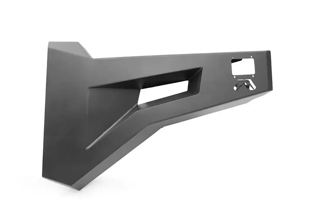 Fab Fours Toyota Tacoma rear trail door, outer side, showing the faceted skin with the recessed grab pocket and latch cut-out with the Fab Fours logo