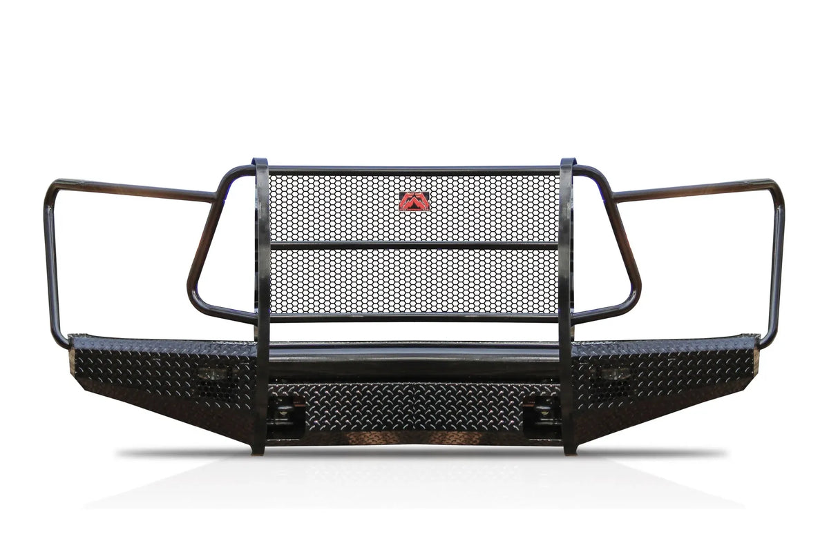 Fab Fours Black Steel front bumper with full guard in black powder coat, front view, showing the mesh grille guard, headlight hoops, and diamond-plate bumper face