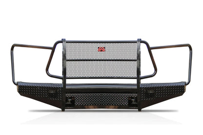 Fab Fours Black Steel front bumper with full guard in black powder coat, front view, showing the mesh grille guard, headlight hoops, and diamond-plate bumper face