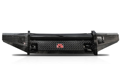 Fab Fours Black Steel front bumper in black powder coat, front view, showing the diamond-plate face, tubular top bar, and logo badge