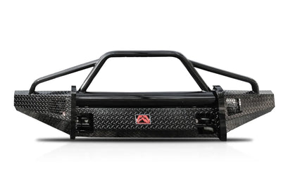 Fab Fours Black Steel front bumper with pre-runner guard in black powder coat, front view, showing the pre-runner hoop, diamond-plate face, and logo badge